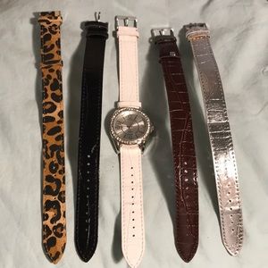 Crystal studded watch with five changeable straps